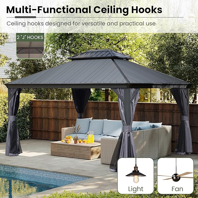Domi 12' X 14' Hardtop Gazebo, Upgraded Metal Gazebo with Dual-Layer Resin Roof, Drainage System, Curtain and Netting, Outdoor Shelter Canopy for Patio, Garden, and Backyard, Grey