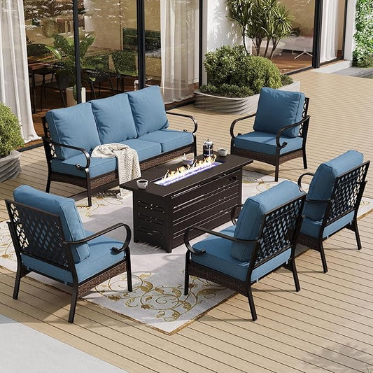 6 Piece Black Metal Outdoor Patio Furniture Sets with Firepit Table, Patio Conversation Sets 1 3-Seater Sofa, 4 Single Sofa with 5.75" Extra Cushion Backyard Furniture for Deck, Navy