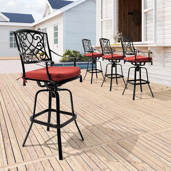 Crestlive Products Outdoor Bar Stools with Sunbrella Cushion Set of 4, 360° Swivel Patio Bar Height Chairs, All Weather Heavy Duty Commercial Grade Furniture, Antique Brown Finish for Outside (Red)