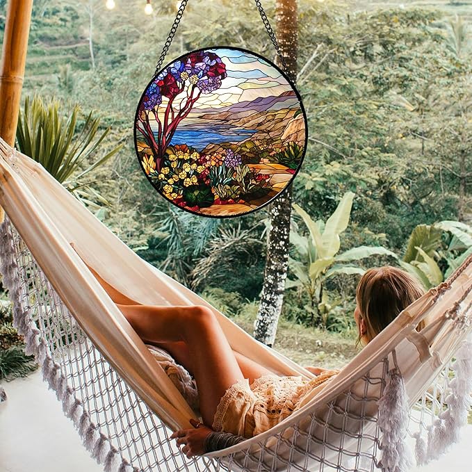 QZQCBLC Stained Glass Window Hanging Retro Wildflowers Lake Mountain Scenery Large 15" - Suncatcher Door Garden Sun Catcher Home Decor Birthday Christmas for Mom Men Woman Friend
