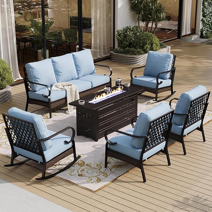6 Piece Black Metal Outdoor Patio Furniture Sets with Firepit Table, Patio Conversation Sets 1 3-Seater Sofa, 2 Leg Sofa and 2 Rocking Sofa with 5.75" Cushion for Backyard Deck, Blue