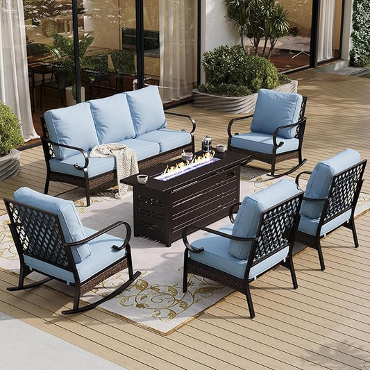 6 Piece Black Metal Outdoor Patio Furniture Sets with Firepit Table, Patio Conversation Sets 1 3-Seater Sofa, 2 Leg Sofa and 2 Rocking Sofa with 5.75" Cushion for Backyard Deck, Blue