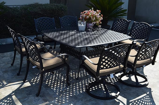 Nassau Outdoor Patio 9-pc Dining Set 64 X 64 Cast Aluminum (9-pc Set (with 4 Swivel Rocker + 4 Regular Chairs), Walnut)