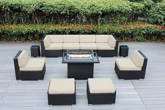 11 Piece Ohana Outdoor Patio Furniture Sunbrella Beige Black Wicker Conversation Set with Fully Assembled Sectional and 42-inch Propane Gas Fire Table
