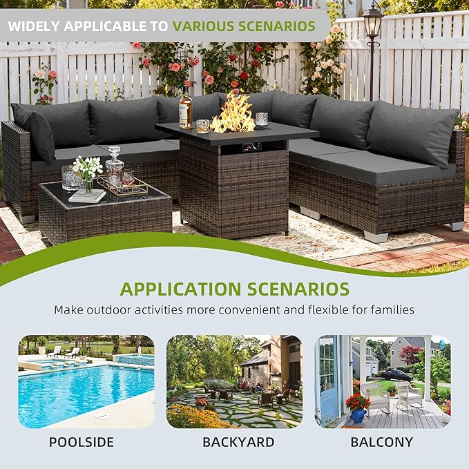 7/8-Piece Patio Conversation Set with Fire Pit Table, Outdoor All-Weather Rattan Sofa Sectional, Handwoven Wicker Furniture for Backyard, Easy Assembly & Weather-Resistant Design