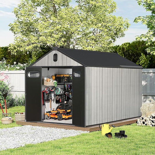 Domi 8x12 FT Outdoor Resin Storage Shed, All-Weather Double-Wall Storage Building with Lockable Doors and Ventilated Roof, Ideal for Lawn Tools, Bikes, Mowers, and Pool Equipment, Grey