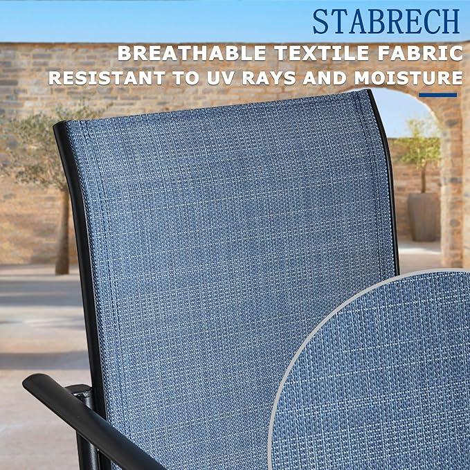 5 Pieces Patio Dining Set for 4, Blue Patio Stackable Chairs and Honey Oak Round Table Set of 4, Outdoor Furniture Set with Sling Support for Outside, Garden