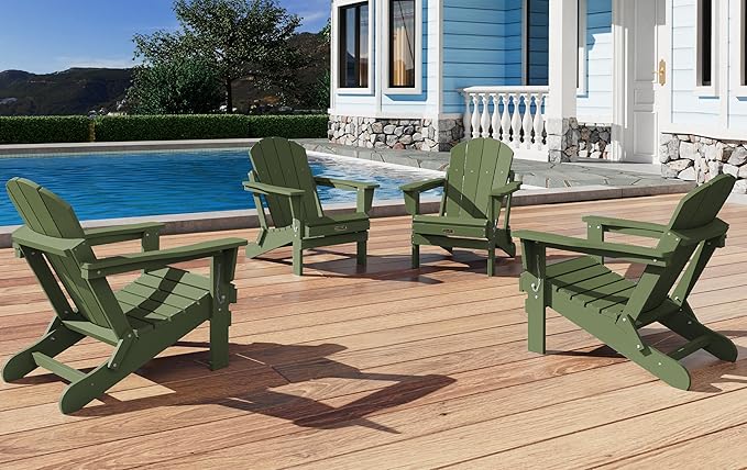 SERWALL Folding Adirondack Chair for Patio Garden, All-Weather Outdoors Chairs, Wooden Textured Fire Pit Chairs for Poolside, Backyard, Lawn - Army