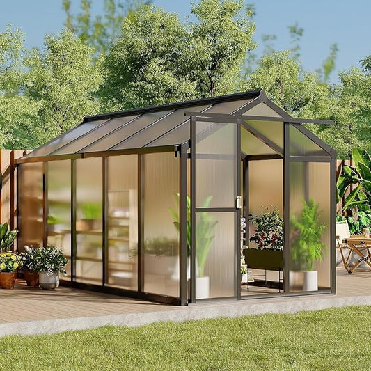 Greenhouse, 6x10 Ft Outdoor Greenhouses, Accessible Green House with Roof Vents and Sliding Doors, Aluminum Frame Polycarbonate Greenhouses, Large Greenhouse for Outdoor Gardens and Backyards, Black