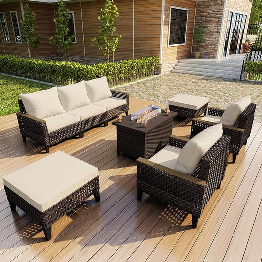 8 Pieces Outdoor Furniture Set, Modern Patio Conversation Sets with Fire Pit Table and Armchairs, Wicker Rattan Sofa Couches Chairs Ottomans for Porch, Deck, Balcony, Backyard, Yard (Beige Cushions)