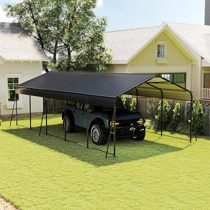 Metal Carport 13x26.5 ft Car Port, Heavy Duty Carports with Enhanced Base, Multi-Use Garage Shed for Car and Truck, Campcraft, Carport Kit with Galvanized Steel Frame & Roof (Dark Gray, 13 * 26.5FT)