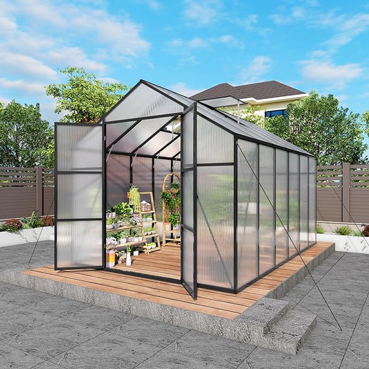 KEIKI Aluminum 8x12 FT Walk-in Polycarbonate Greenhouse, Outdoor Gardening Greenhouse with Raised Base, Roof Vent & Weather-Resistant Panels, Black