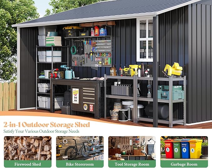 AMERLIFE 10.6x10.3x6.3 FT Galvanized Metal Storage Shed with Open Firewood Storage Area, Sliding Doors & Ramp, 2 Windows & Vents, Weather-Resistant Outdoor Tool/Yard Shed, Dark Gray