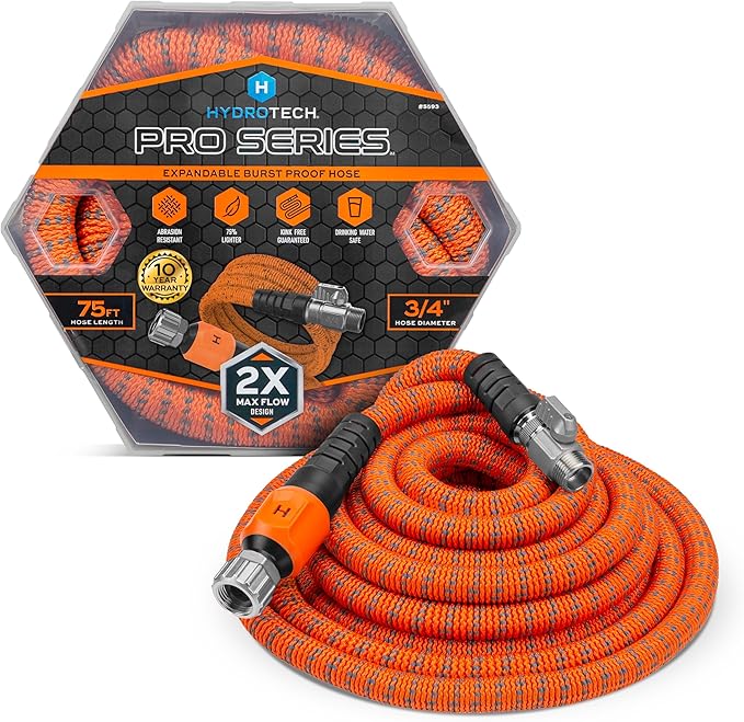HydroTech 75 ft Expandable Garden Hose - Pro Series, 2x Max Flow, 3/4" No-Kink Flexibility, Lightweight Hose for Lawn, Garden, Car Washing, Deck and Patio Cleaning