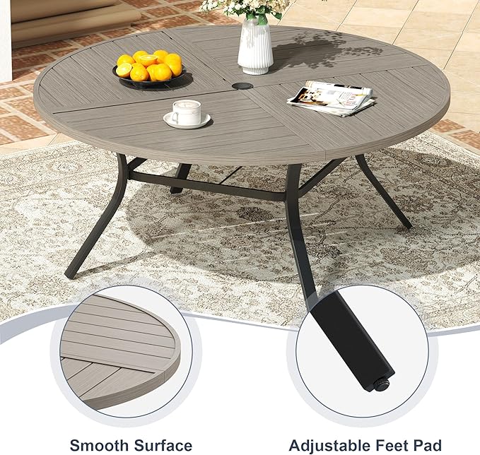VICLLAX Round Patio Dining Table, 6-8 Person Metal Outdoor Dining Table with Umbrella Hole and Storage Shelf for Garden Lawn Deck, 53" Grey