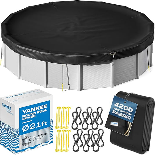 Yankee Diamond Series Pool Covers for Above Ground Pools | All-Weather Windproof Light 21ft Round Pool Cover w/ 12 Screw-In Pegs, 12 Ropes | 3 Mounting Methods, Strong Fastenings for Triple Protection