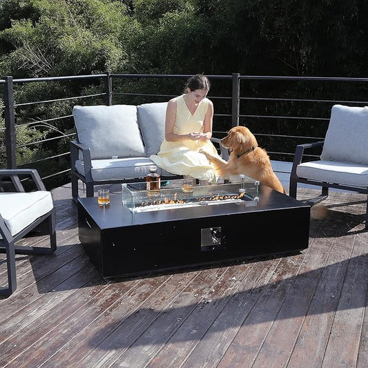 56" Outdoor Propane Fire Pit Table, Rectangle Terrazzo Fire Table w Glass Wind Guard(50,000 BTU), 2 Piece Gas Fire Table in Black w Fire Glass, Rain Cover for Outside, Backyard