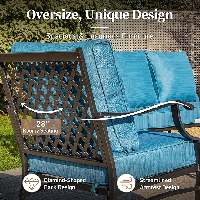5 Piece Metal Outdoor Patio Furniture Set with Fire Pit Table, Patio Conversation Sets 4 Fixed Chairs with 5.75" Thick Cushion and 5000 BTU Fire Pit Table, Backyard Furniture, Blue-2