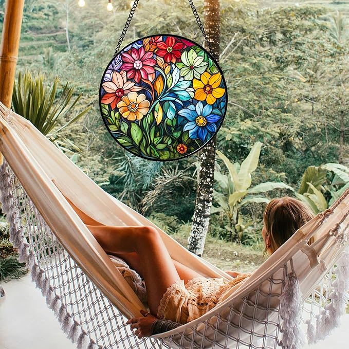 QZQCBLC Stained Glass Window Hanging Colorful Flowers and Green Plants 7.8" - Suncatcher Door Garden Sun Catcher Home Decor Birthday Christmas for Mom Men Woman Nana Friend