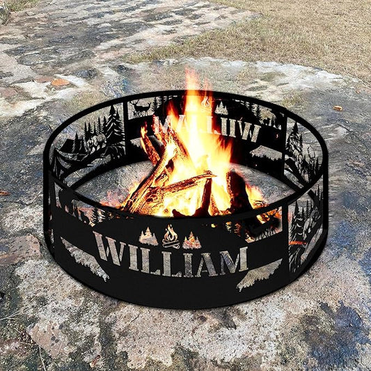 Personalized Bear Fire Pit Ring Wildlife Forest Stainless Steel Custom Name 360 Degree Campfire Ring Stove Outdoor BBQs Backyard Camping Garden Decor Gifts Father Nature Lover