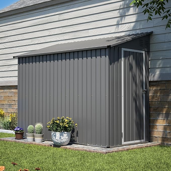 4x8 FT Lean to Metal Shed,Outdoor Storage Shed W/Floor Frame & Reversible Installation,All Weather Waterproof Garden Tool House W/Lockable Door & 2 Air Vents,for Backyard,Patio,Lawn,Gray