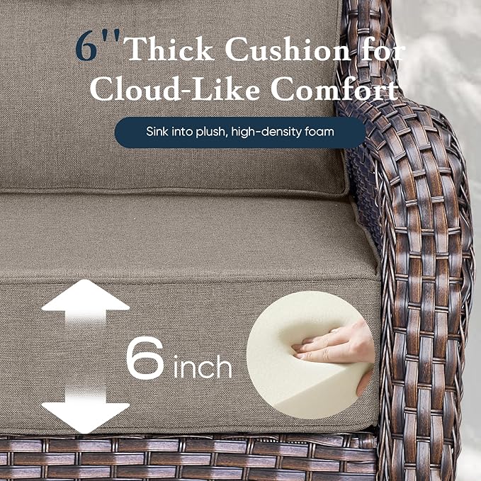 Belord Luxury 6" Thick Cushioned Outdoor Swivel Rocker Patio Chairs with Side Table, 3 Pieces High Back Wicker Furniture Set with Ergonomic Back, Conversation Gliders Set for Deck Porch - Brown+Grey