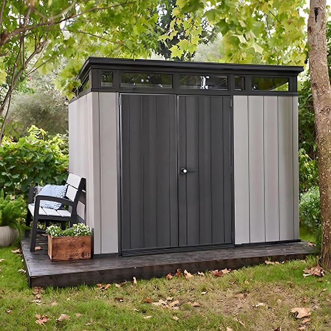 9x7 Ft All-Weather Storage Shed with Skylight,Window,Built-in Ventilation,Walls, & Lockable Double Doors for Patio Furniture Lawn Mower Tools and Bike Storage Lockable