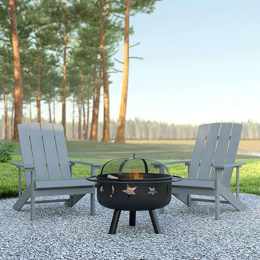 EMMA + OLIVER Campfire Set - Two Gray Poly Resin Adirondack Chairs - 29" Star and Moon Fire Pit with Mesh Cover - Weather Resistant - Wood Burning Fire Pit