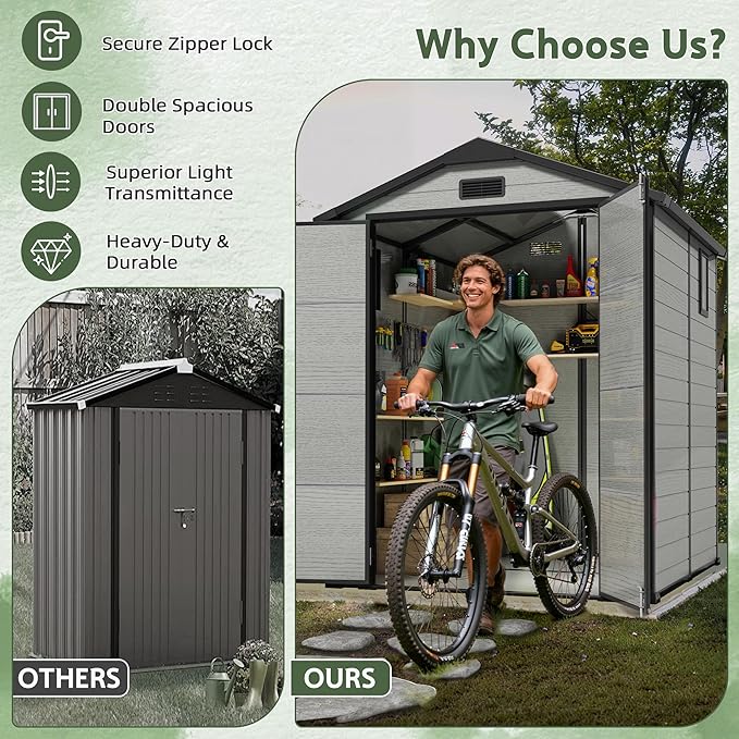6×6FT Plastic Outdoor Storage Shed, Double Door Tool Shed with Transparent Roof and Vent, Lockable Door with Key, Storing Patio Furniture, Gardening Tools, and Bicycle Accessories.