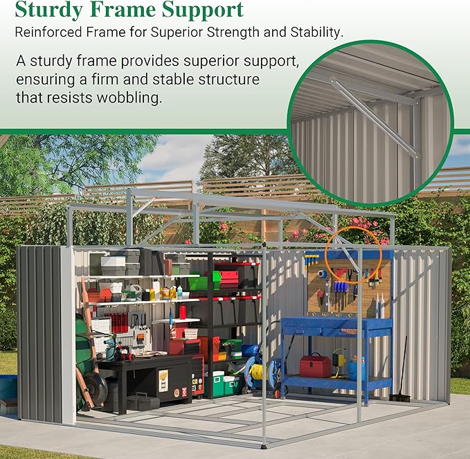 Outdoor Storage Shed, 10 X 12 FT Large Metal Utility Tool Sheds with Floor Frame & Windows, Steel Garden Shed with Updated Frame Structure for Backyard Patio Lawn, Grey
