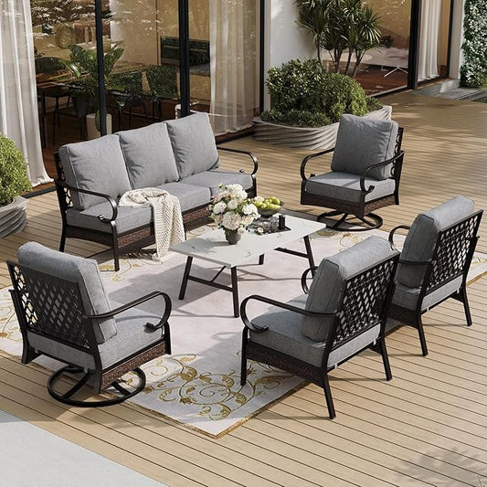 6 Piece Metal Outdoor Patio Furniture Set, Patio Conversation Set - 1 3-Seater Sofa and 2 Swivel Sofas with 5.75" Thick Cushions & Coffee Table - Black and Gray Backyard Furniture