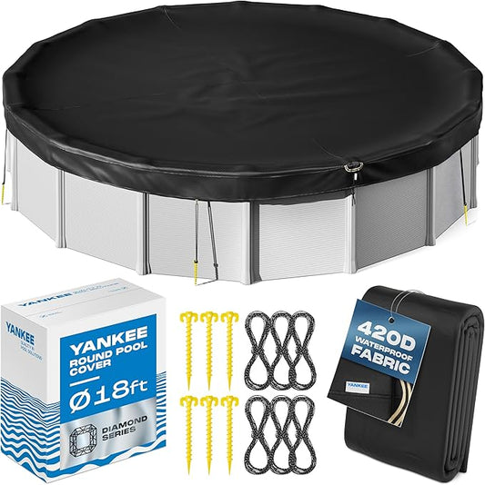 Yankee Diamond Series Pool Covers for Above Ground Pools | All-Weather, Windproof, Light 18ft Round Pool Cover w/ 6 Screw-In Pegs, 6 Ropes | 3 Mounting Methods, Strong Fastenings for Triple Protection