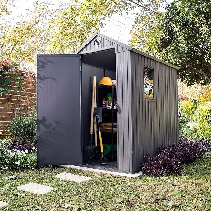 Keter Darwin 4x6 Feet Outdoor Storage Shed, Graphite Gray – Lockable Resin Organizer Unit with Single Door, Window, and Skylight for Backyard, Garden, or Lawn Organization