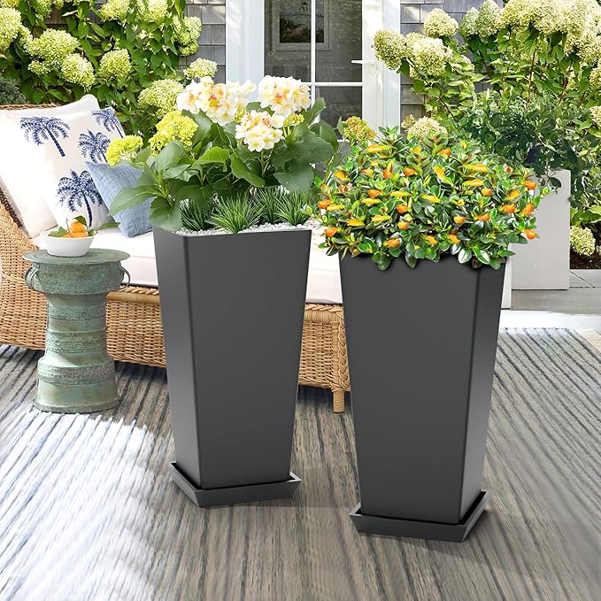 Set of 4 24" Tall Plastic Planters with Trays, Large Tapered Plant Pots for Indoor Outdoor Use, Modern Decorative Planters for Porch, Patio, Garden, and Backyard