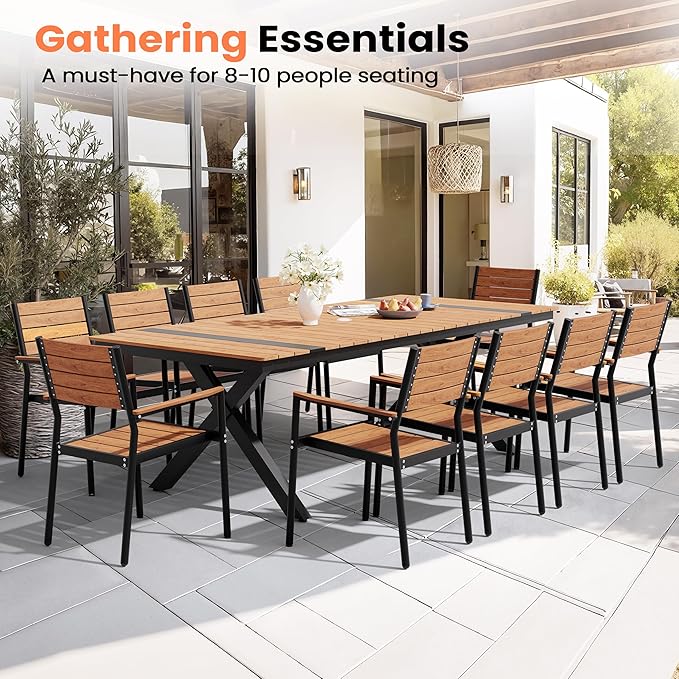 Pellebant 94" Outdoor Dining Table for 6-10, Aluminum Patio Dining Table with Umbrella Hole, Waterproof Wood-Like Tabletop for Lawn Garden Backyard, Brown