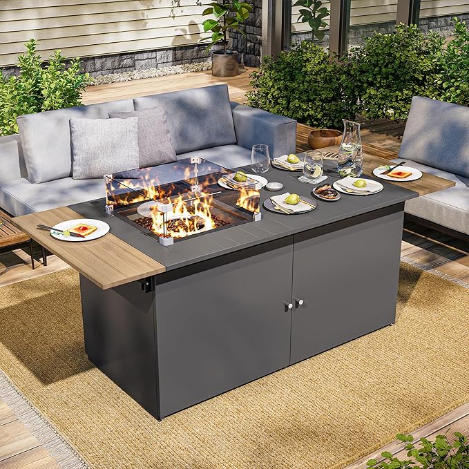 LAUSAINT HOME 64" Gas Fire Pit Table for Outside Patio, 55,000 BTU Propane Firepit with Expandable Tabletop & Wind Guard