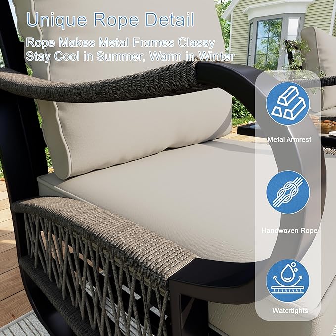 12-Piece Outdoor Patio Conversation Sets, Rope Outdoor Furniture Set Metal 2 Three-Seater Couch, 4 Swivel Rockers with 2 Side Tables, Loveseat Sofa Single Chairs with Coffee Table, Beige