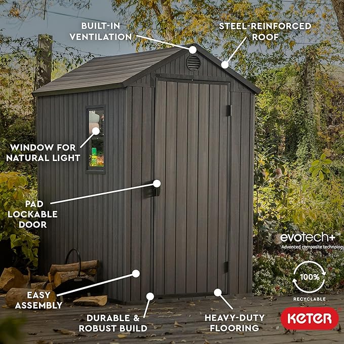 Keter Darwin 4x6 Feet Outdoor Storage Shed, Graphite Gray – Lockable Resin Organizer Unit with Single Door, Window, and Skylight for Backyard, Garden, or Lawn Organization