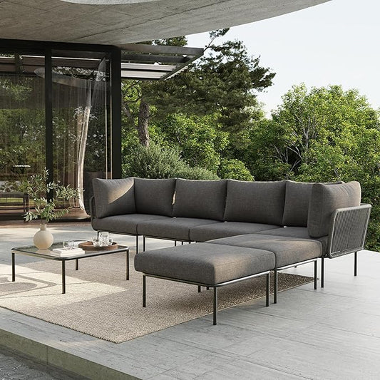 7 Piece Modern Outdoor Rope Wicker Sectional Patio L-Shaped Conversation Sofa Set Deep Seating with Thick Cushions