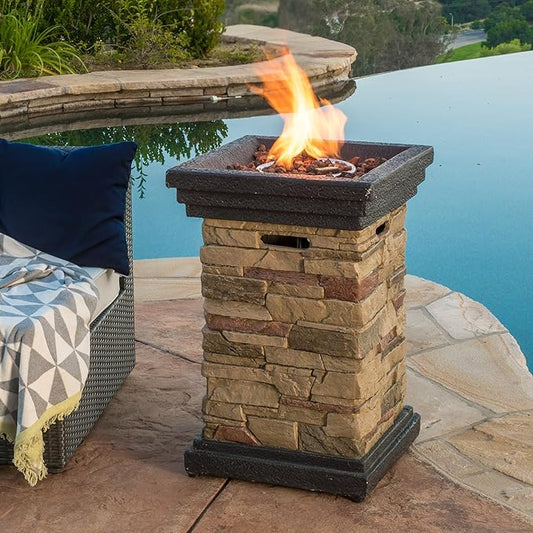 Outdoor Propane Fire Pit Table, 19.5 Inch Column MGO Concrete Gas Fire Pit with Lava Rocks, Smokless Firepits for Outside Patio, Garden, Backyard, 40,000 BTU, Tank Inside, Stone Gray