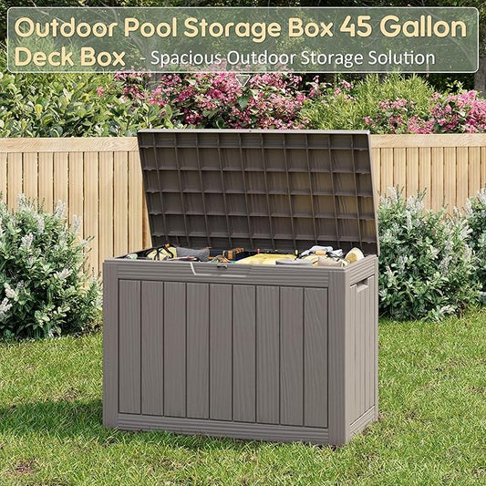 NUNU LAB Outdoor Storage Box, 45 Gallon Outside Deck Box Waterproof, Resin Outdoor Storage Cabinet With Lockable Lid, Backyard Storage Bench For Garden Tools, Patio Cushions, Pool Tools, Gray