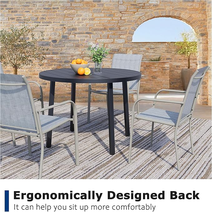 5 Pieces Patio Dining Set for 4, Beige Blue Patio Stackable Chairs and Black Round Table Set of 4, Outdoor Furniture Set with Sling Support for Outside, Garden