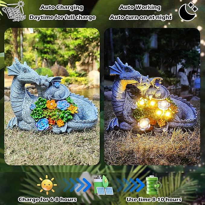 VIOYOUNS Solar Dragon Statue with LED Lights, Dargon Lover Gifts with Succulent and 6 LED Lights for Outdoor,Solar Dragon Decor for Yard, Garden and Patio, Unique Garden Statue for Mom Grandma