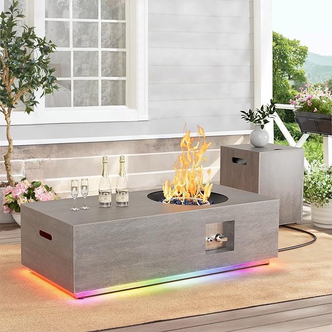 48 inch Propane Fire Pit Table, 2 in 1 Outdoor Fire Pit with 20lb Tank Cover, Outside Patio Deck and Garden, LED Gas Fireplace Table with Lid and Stone, Grey, RGB Light