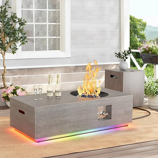 48 inch Propane Fire Pit Table, 2 in 1 Outdoor Fire Pit with 20lb Tank Cover, Outside Patio Deck and Garden, LED Gas Fireplace Table with Lid and Stone, Grey, RGB Light