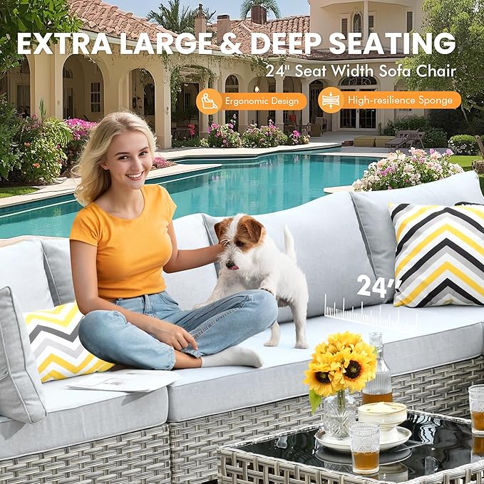 Outdoor Sectional Patio Furniture Set with Glowing Table,5 Pieces Wicker Conversation Sets L Shaped Couch Out Door Sofa Set Outside Furniture for Garden Deck Yard Porch,Grey