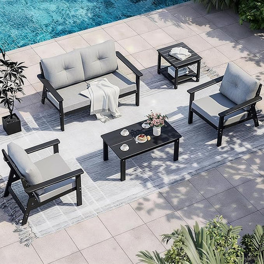 6-Piece HDPE Patio Furniture Set, Wood Grain Long Coffee Table and Small 2-Tier Side Table, All Weather Outdoor Couch with Dust-Free Cushions, Durable Patio Conversation Sets for Balcony, Porch, Black