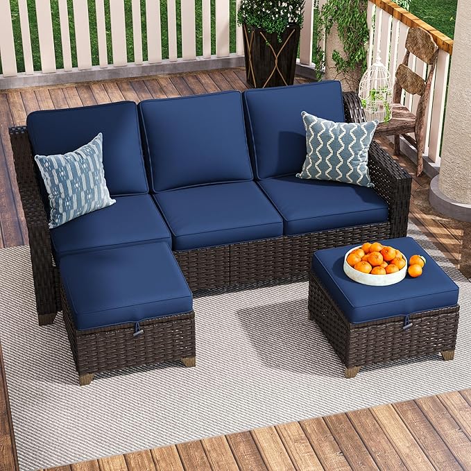 3 Pieces Outdoor Conversation Furniture Set - 77" Patio Sofa, 2 Rattan Wicker Ottomans, Patio Wicker Couch Set with Water-Resistant for Sunroom, Deck, Porch (Navy Blue)