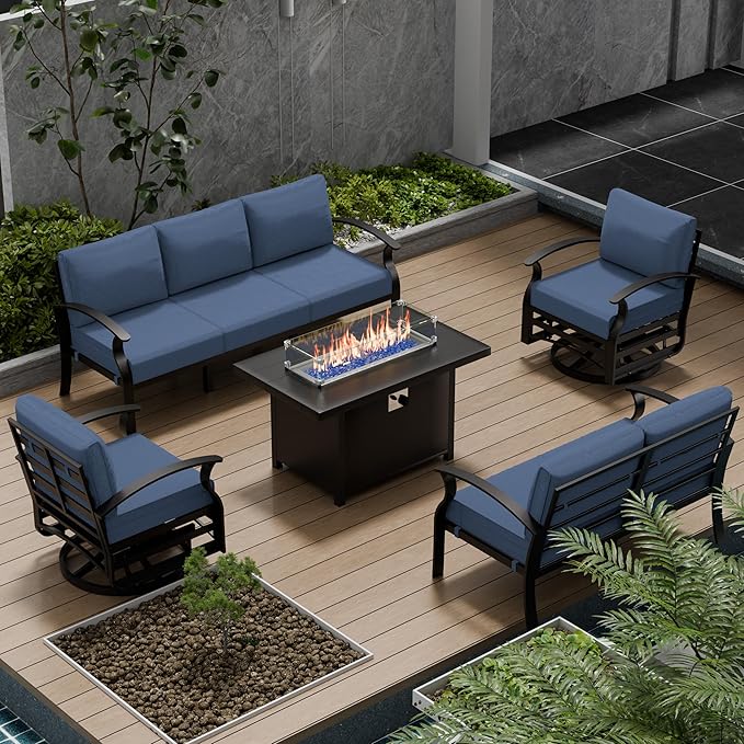 Aluminum Patio Furniture Set with Fire Pit Table, 7 Seats Outdoor Patio Conversation Sets with Swivel Chair Modern Metal Patio Sectional Sofa with Upgrade Cushions for Patio, Backyard Navy