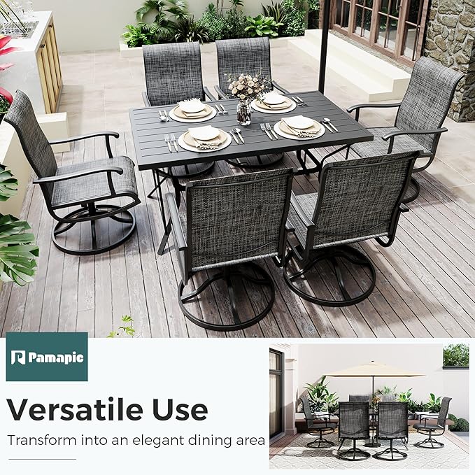 Pamapic 7-Piece Patio Dining Furniture Set with Swivel Chairs, Outdoor Table & 6 Textilene Chairs for Garden, Backyard, Pool, Deck, Gray